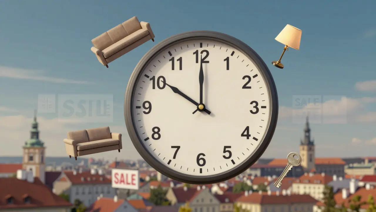 Clock transforming from 90 to 23 days with home staging elements, symbolizing faster property sales.