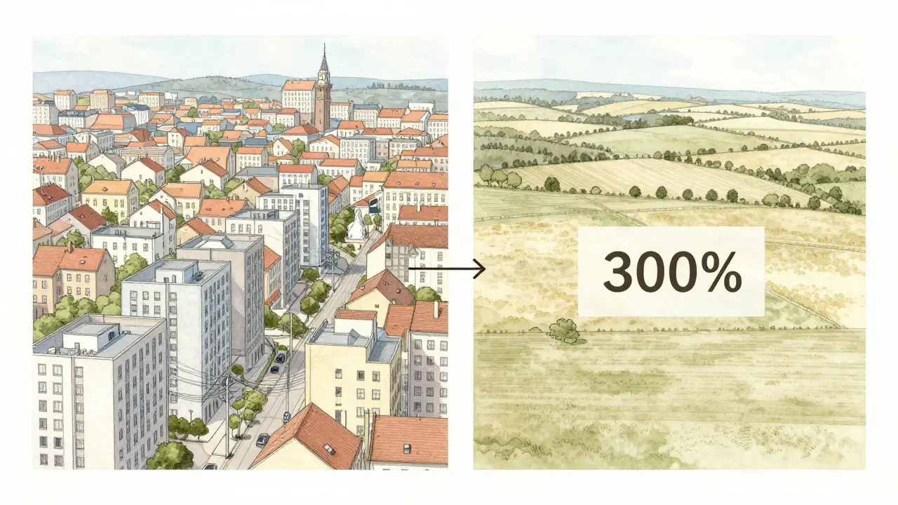 Contrasting urban and rural land plots in Czechia, showing dramatic price difference between Brno and Jihlava.