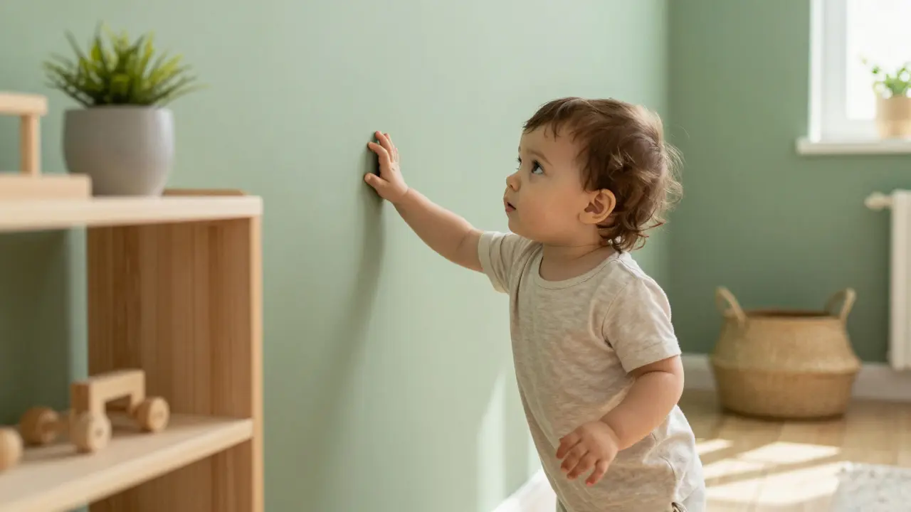 Dítě se dotýká zelené stěny s dřevěným nábytkem a rostlinou.