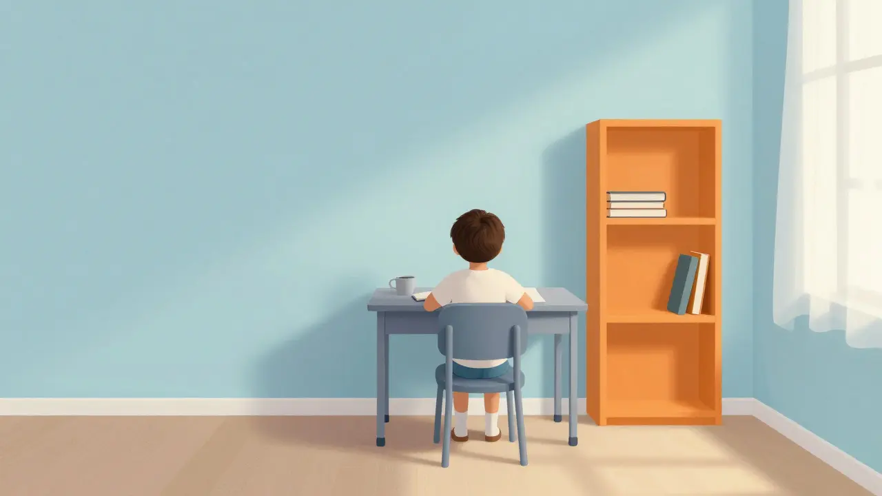 Dítě sedí u stolu s modrou stěnou a jemným oranžovým akcentem.