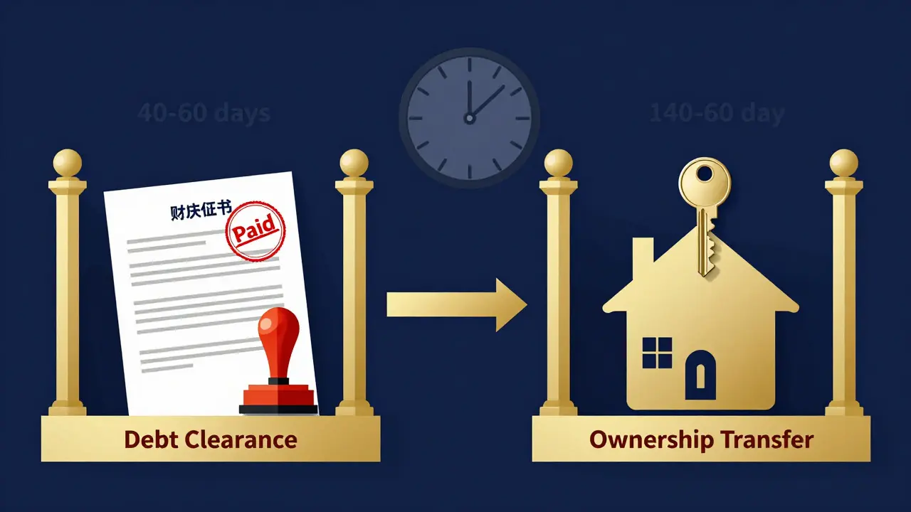 Dvě brány: první označená 'Splacení dluhu', druhá 'Převod vlastnictví', s klíčem a hodinami ukazujícími 40–60 dní.