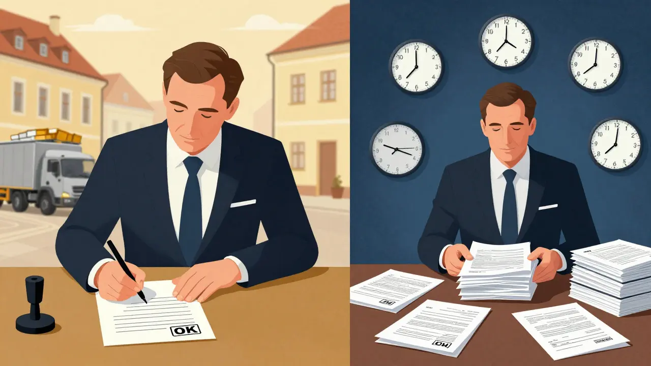 Dvě tváře správy: jedna rychle reaguje, druhá čeká na měsíce s papíry — kontrast efektivní a neúčinné pomoci.