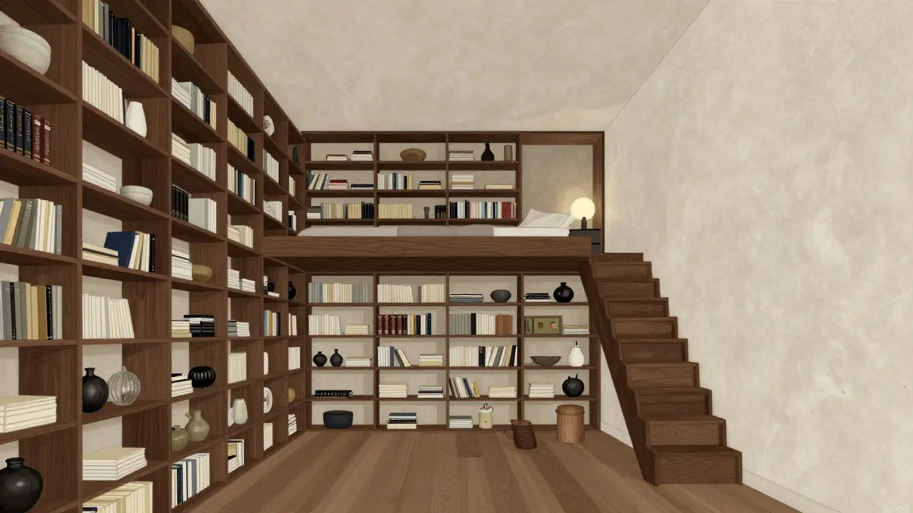 Floor-to-ceiling shelves and wooden staircase leading to a loft sleeping platform in a bright interior.