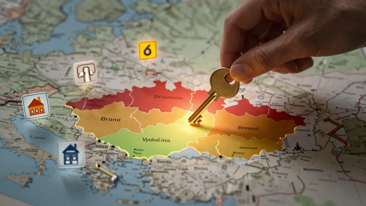 Golden key placed on a colored map of Czechia highlighting regional price differences in building plots.
