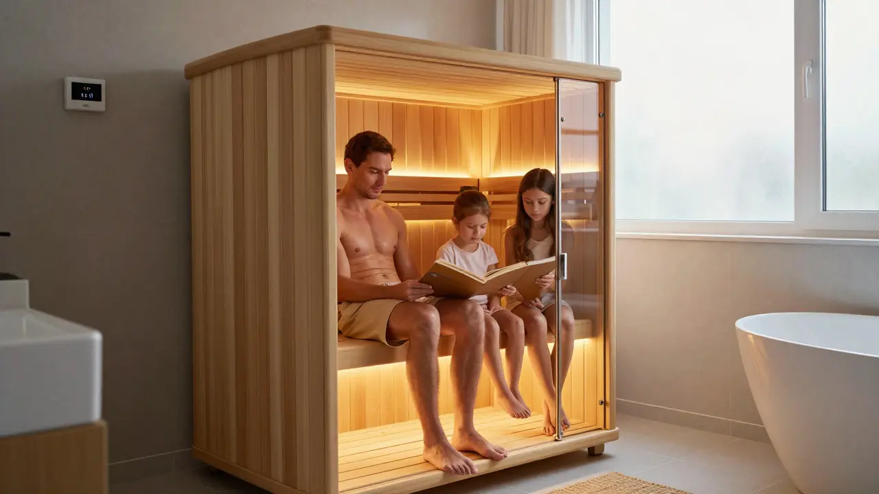 Infrasauna v malé koupelně, rodina se uvolňuje v teplém infračerveném světle, moderní design a klidná atmosféra.