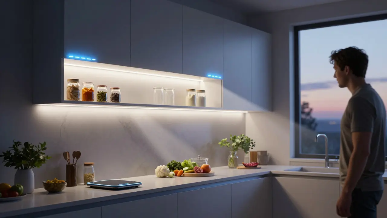 Inteligentní LED pásky v kuchyni se zapínají automaticky při přístupu, osvětluje pracovní plochu i police.