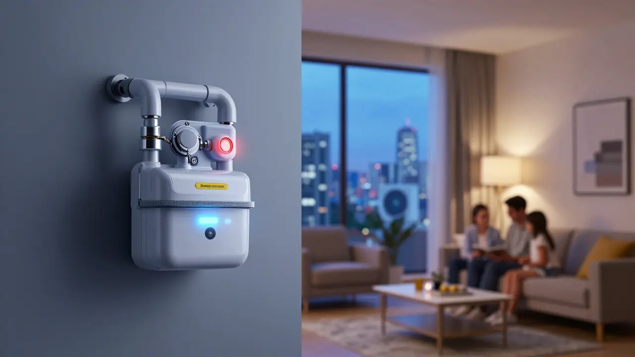 Inteligentní plynoměr s automatickým vypnutím v bytě, symbolizující bezpečnost a budoucnost energie.