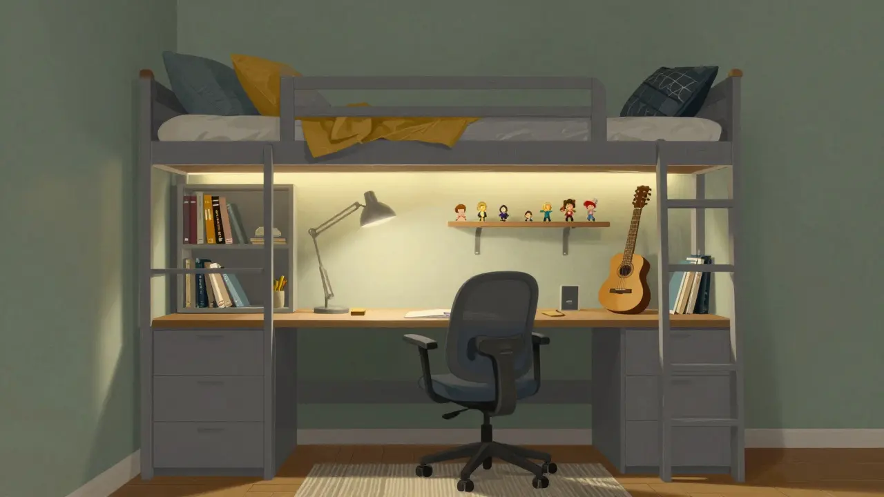 Loft bed with study area below, shelves filled with books and music gear, soft task lighting, and textured rugs.