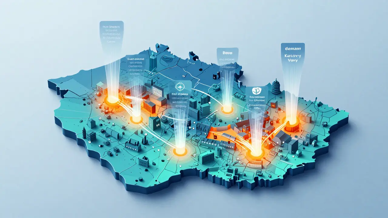 Map of Czechia showing regional demand hotspots with flowing data streams from national sources.