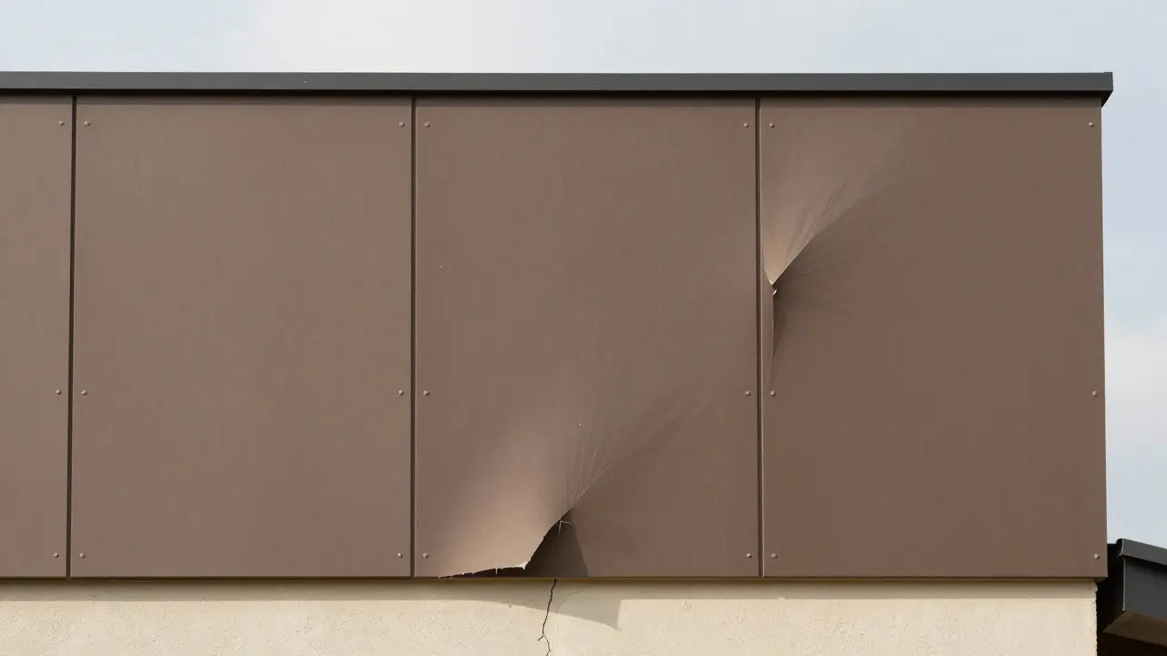 Nedostatečně kotvená fasáda s částečně odpojenou izolací a prasklinami v omítce.