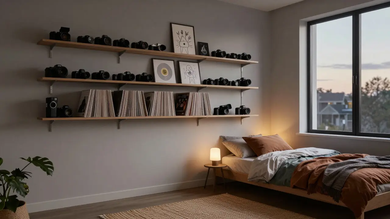 Neutral gray room with floating shelves displaying photos and records, warm ambient lamp beside bed, and layered textiles.
