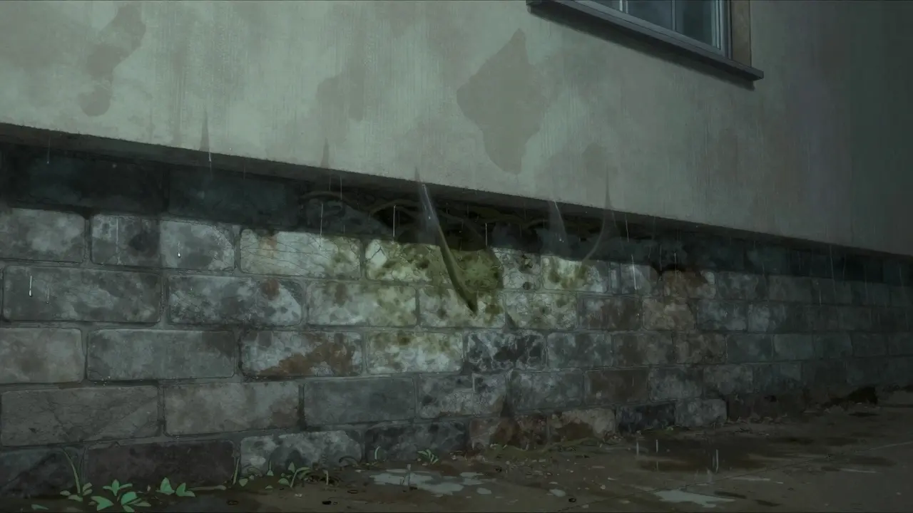 Nezateplený sokl domu s vlhkostí a plísní vznikající v zdivu způsobenou kondenzací.