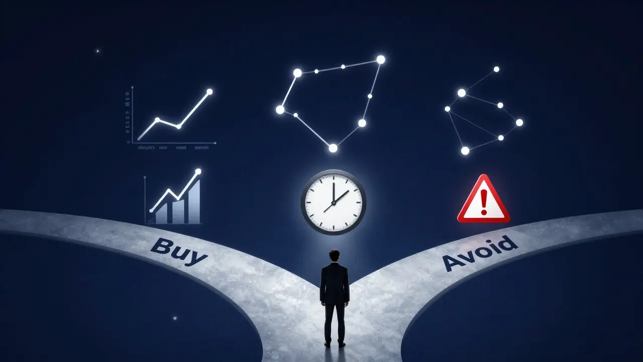 Person at a crossroads of real estate decisions, guided by floating data symbols in night sky.