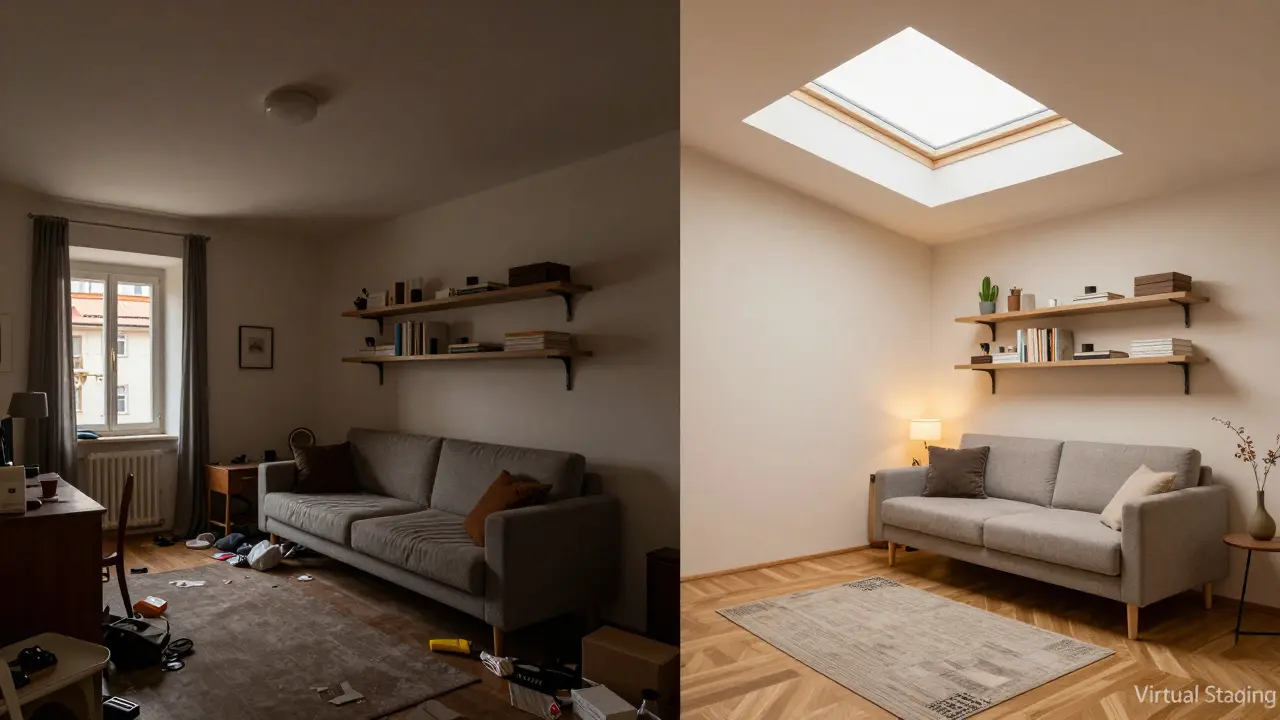 Porovnání před a po virtuálním stagingu: zmatek vs. moderní, osvěžený interiér s digitálními úpravami.