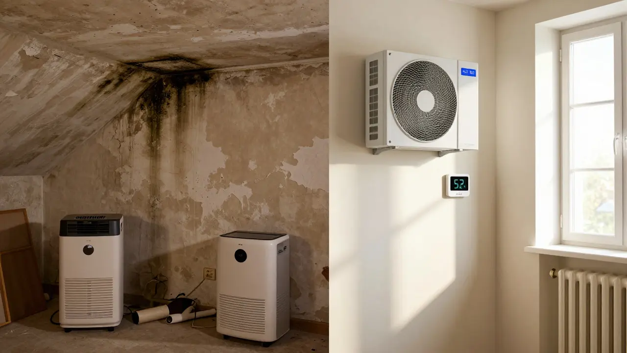 Porovnání špatného a vyřešeného sklepa: zleva plísně a selhající odvlhčovač, zprava suchý prostor s větracím systémem.