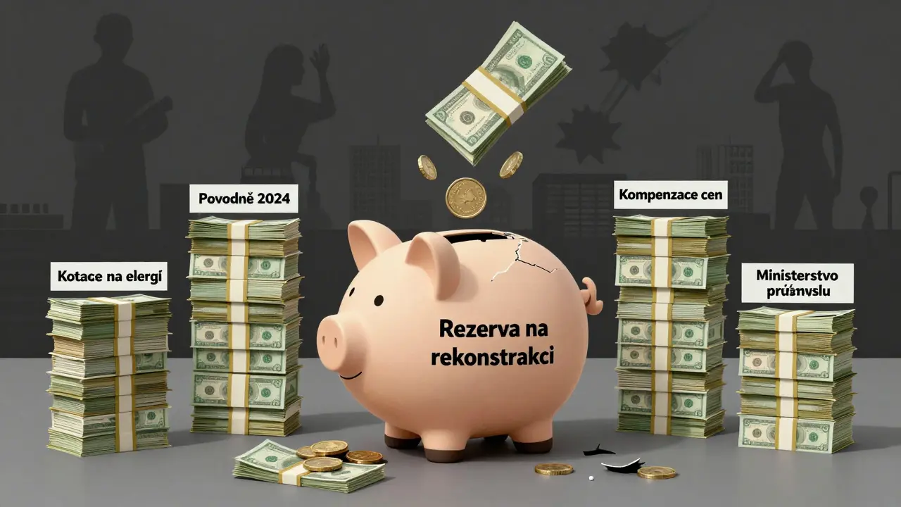 Prázdna rezerva na rekonstrukci s penězi odvedenými na jiné účely, symbolizující systémové selhání.