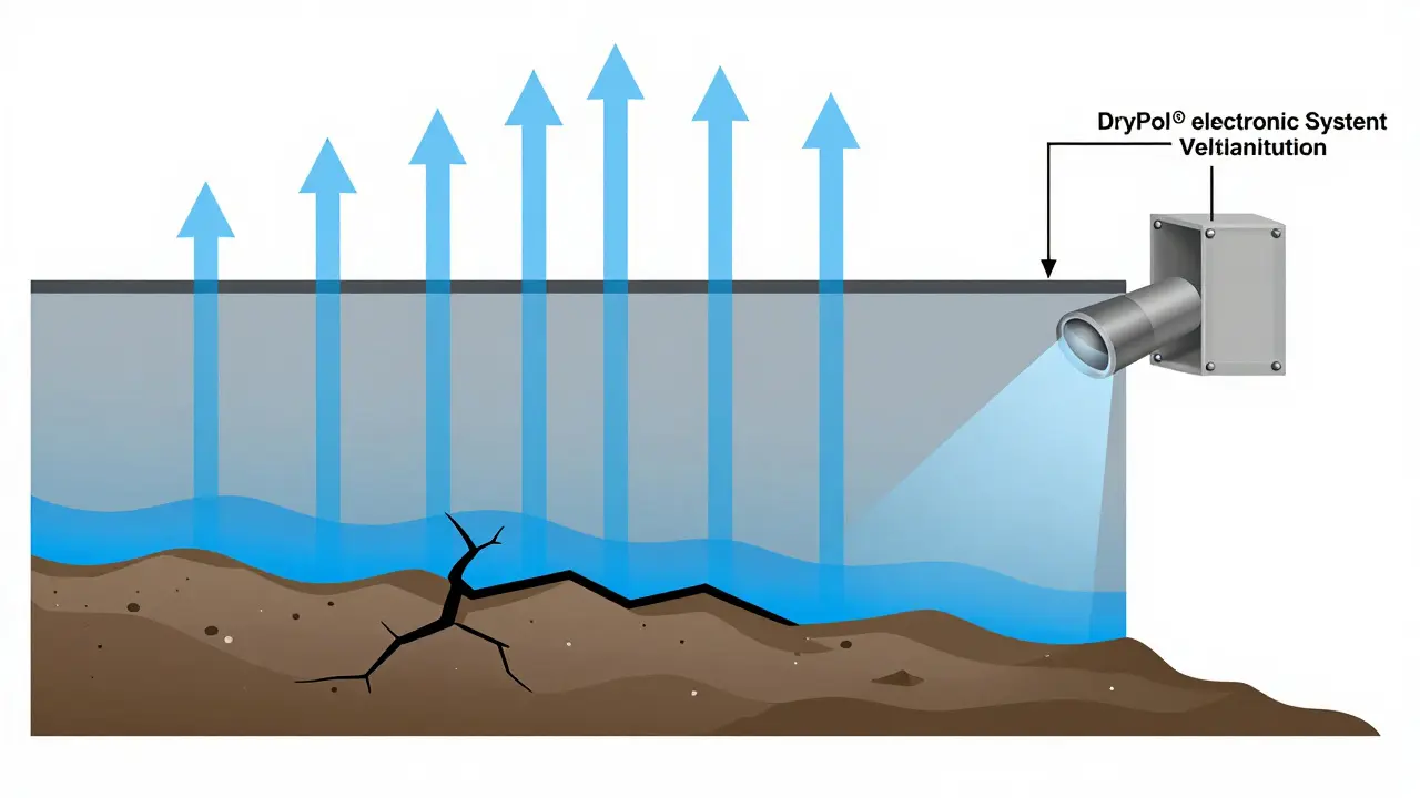 Průřez zdi s kapilární vlhkostí a elektronickým systémem DryPol® blokujícím vstup vody.