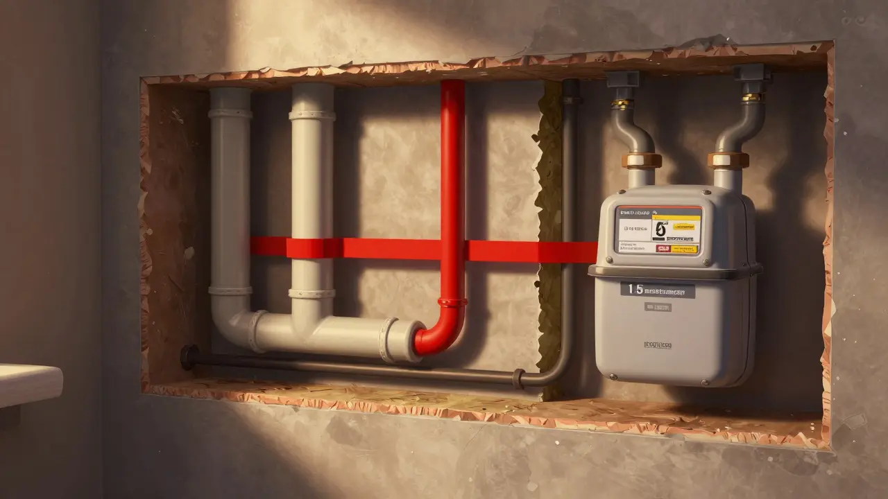 Průřez zdi ukazující bezpečnou vzdálenost mezi plynovou trubkou a elektrickými vedeními.