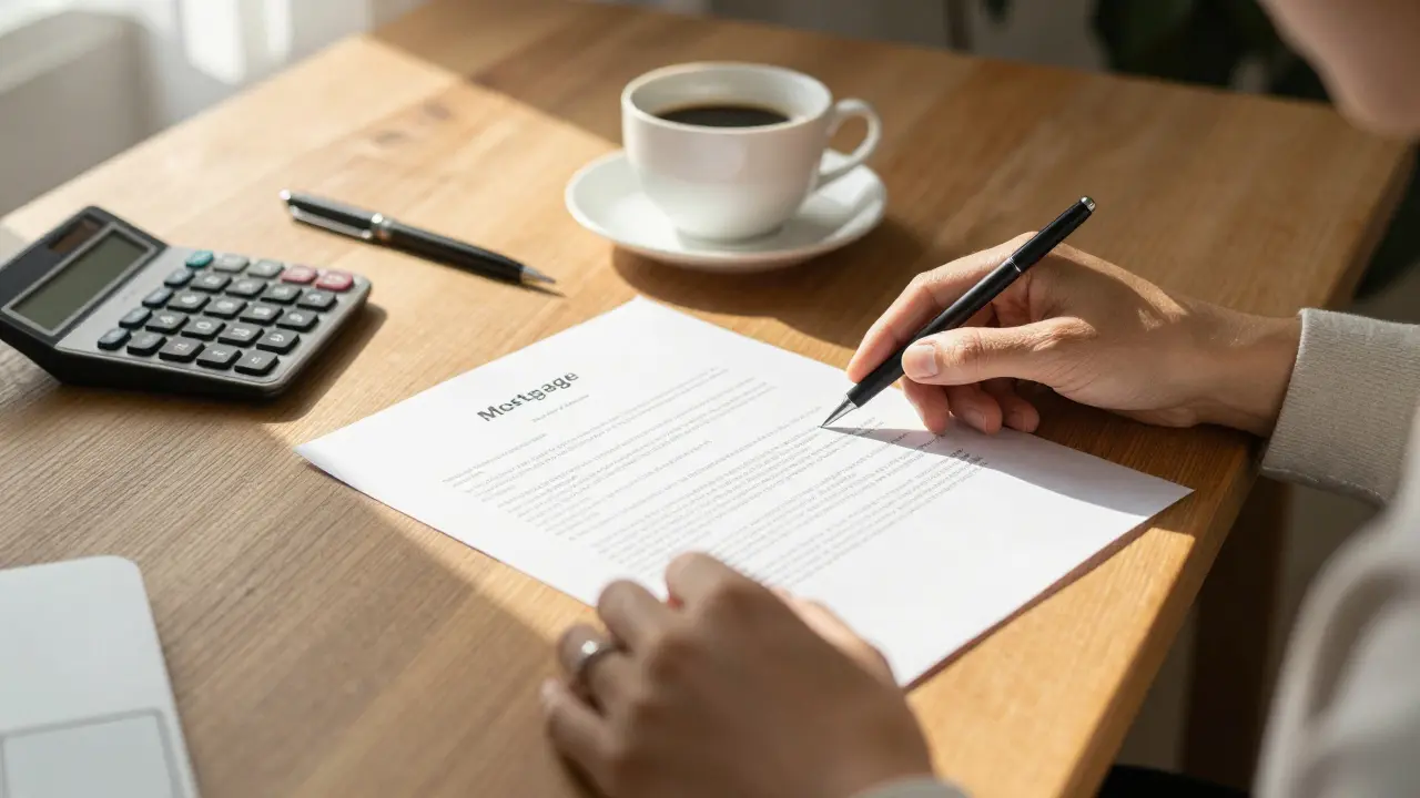 Ruce při studiu hypotečních dokumentů na dřevěném stole