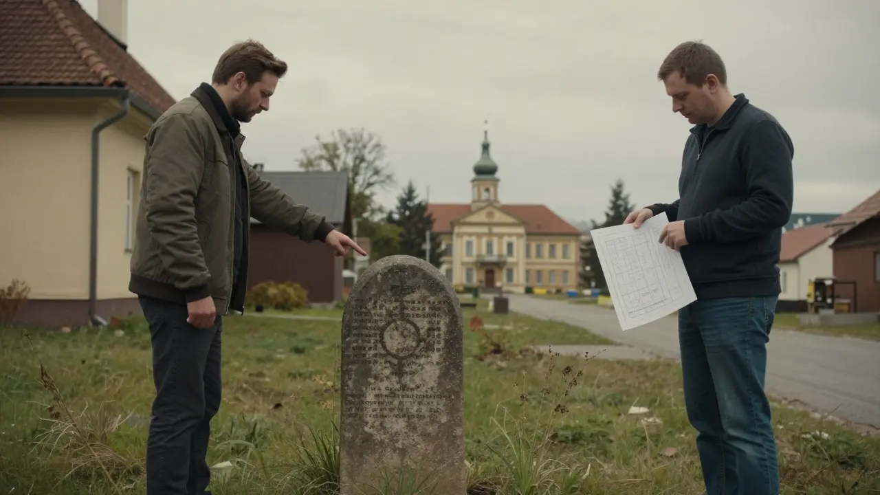 Sousedé se setkávají u starého kamenitého značení hranice pozemku.