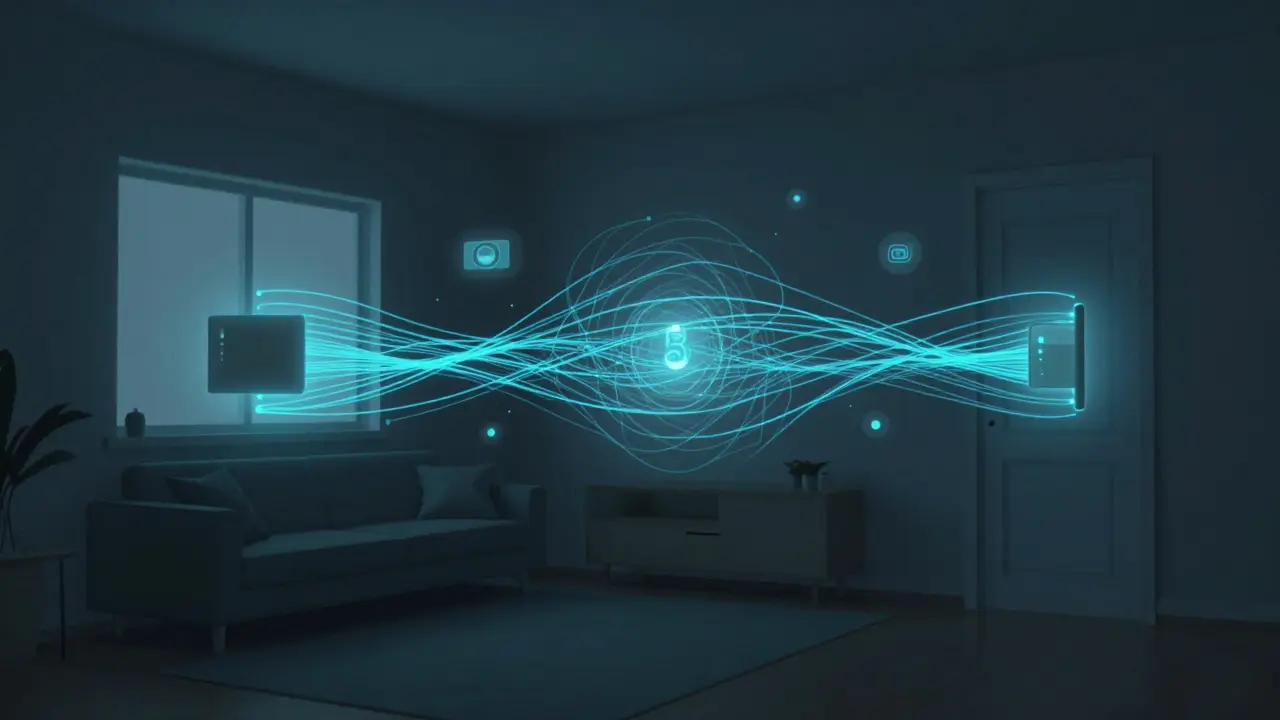 Abstraktní vizualizace propojení zařízení pomocí svitících linek v interiéru.