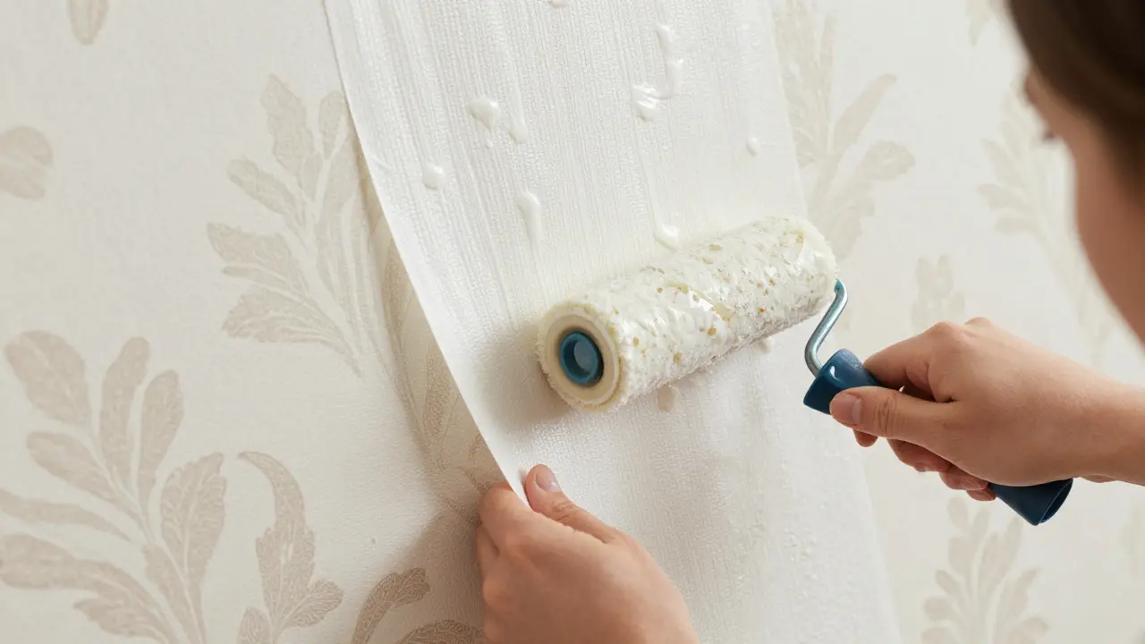  Detail aplikace vliesové tapety na stěnu pomocí gumového válečku.