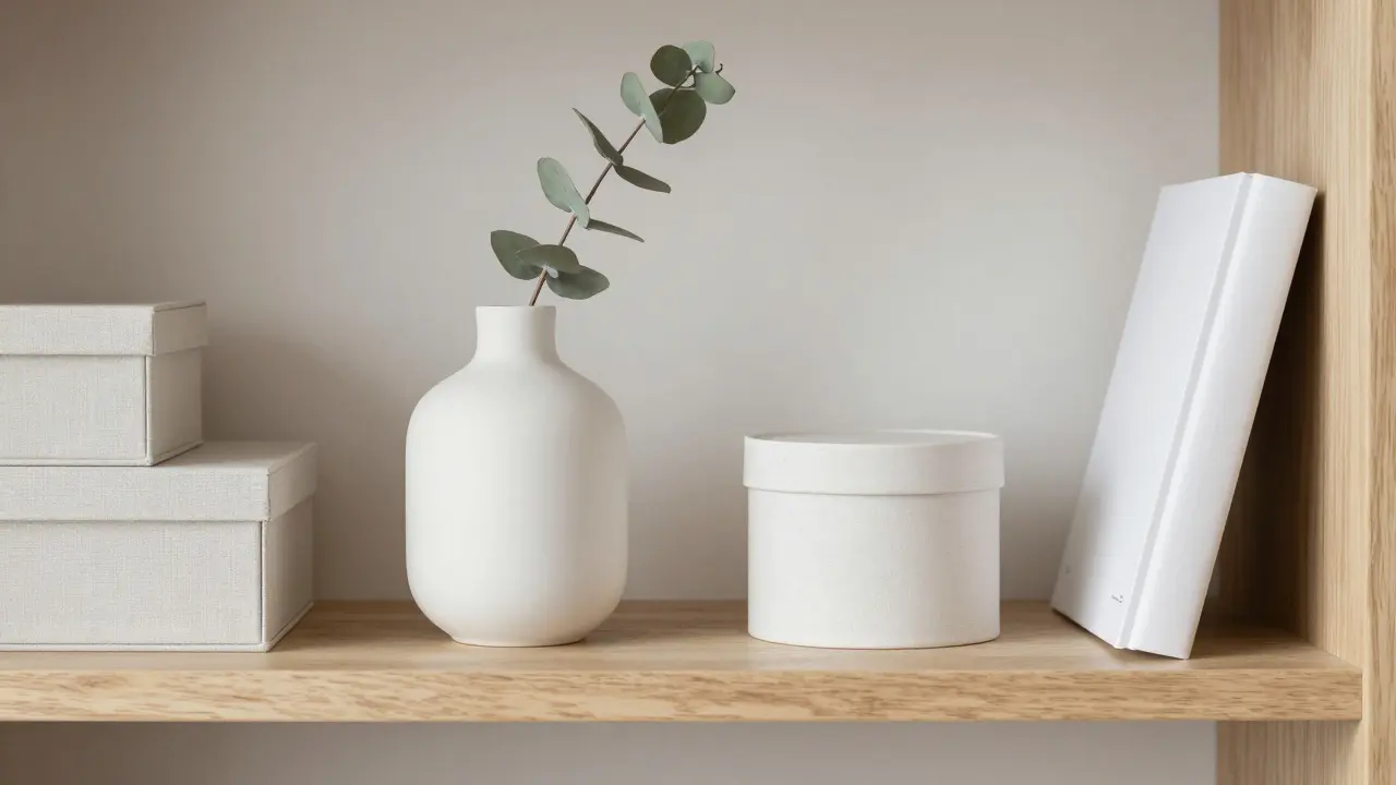Detail minimalistické police s matnou bílou vázou, eukalyptem a kvalitními úložnými boxy.
