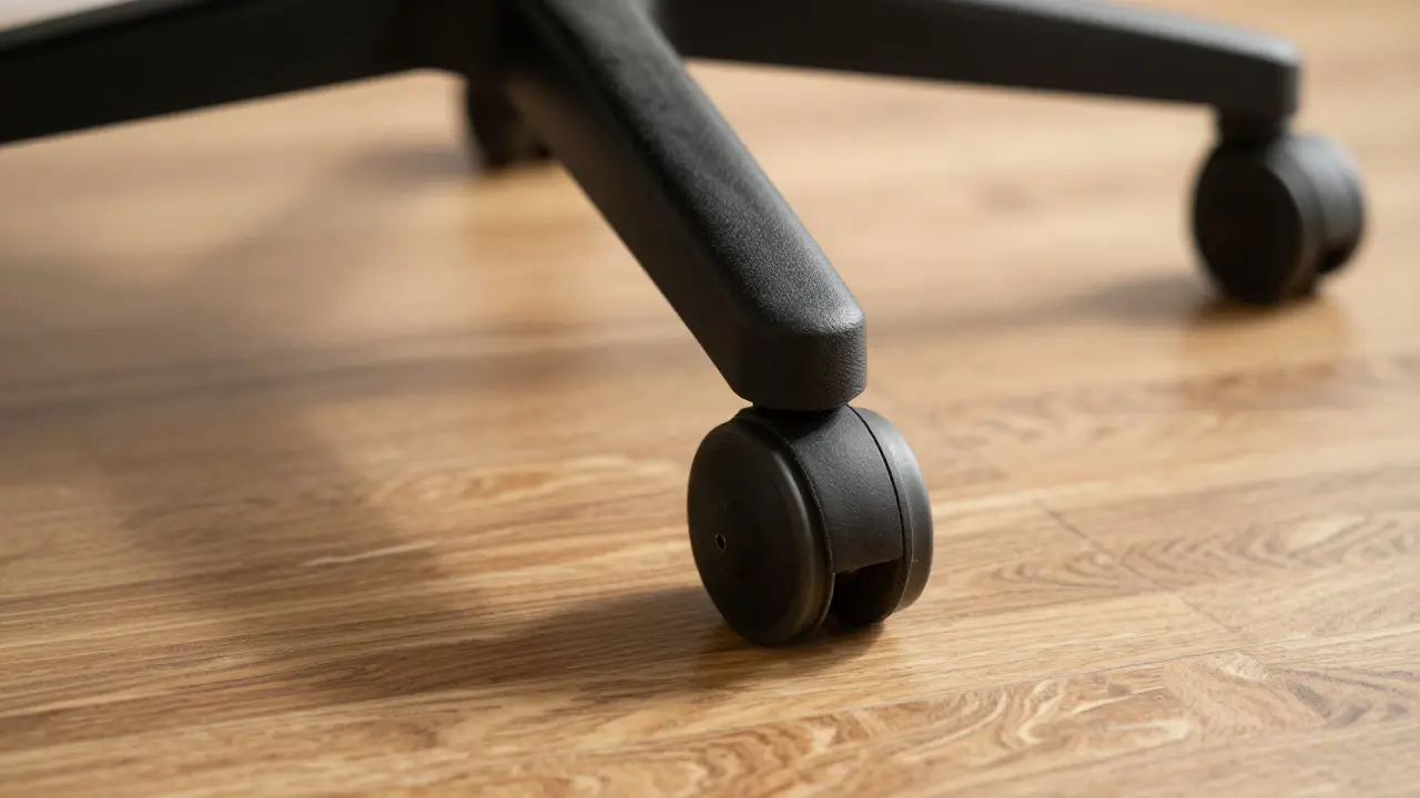 Detail pogumovaného kolečka kancelářské židle na vinylové podlaze.