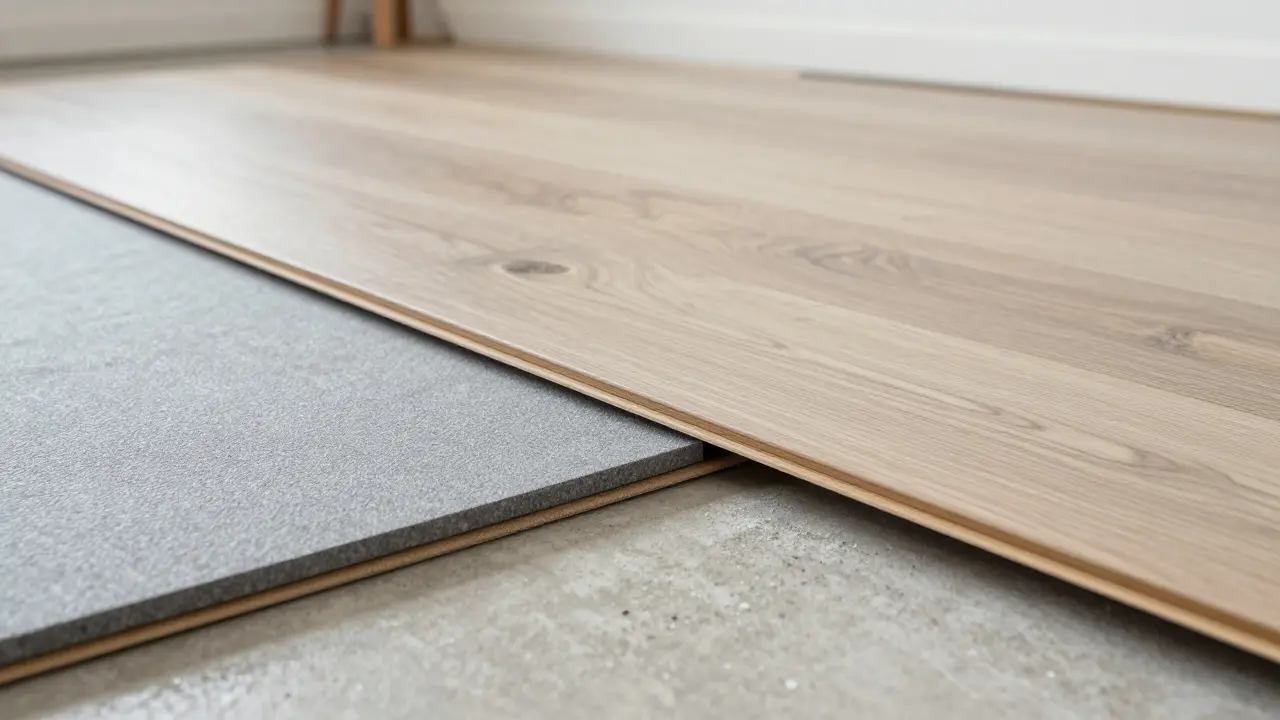 Detail pokládky vinylové podlahy s kvalitní akustickou podložkou na beton.