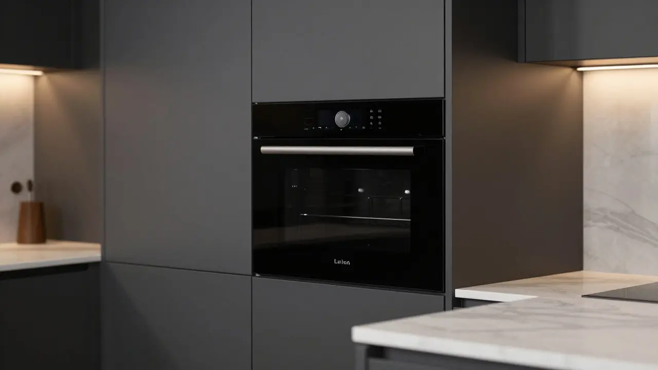 Detail precizně integrovaného spotřebiče v kvalitním moderním kuchyňském nábytku.