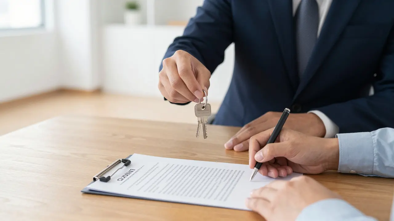 Detail předání klíčů a podpisování nájemní smlouvy v moderním bytě.