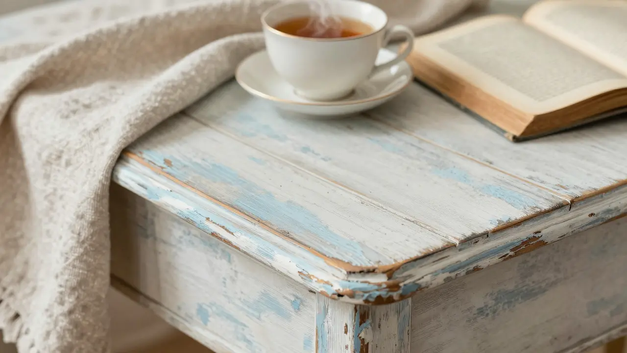 Detail starého dřevěného stolu s patinou, lněným ubrusem a šálkem čaje.