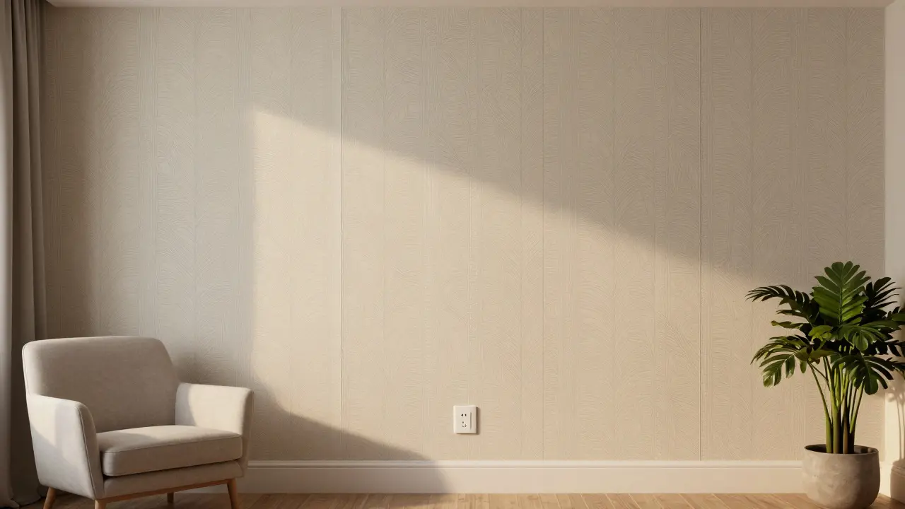 Dokončená místnost s elegantní vzorovanou tapetou a moderním vybavením.