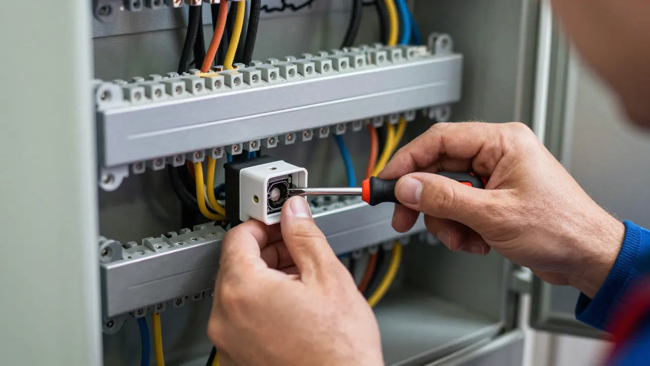 Električar instalující centrální jednotku chytré domácnosti do rozvaděče.