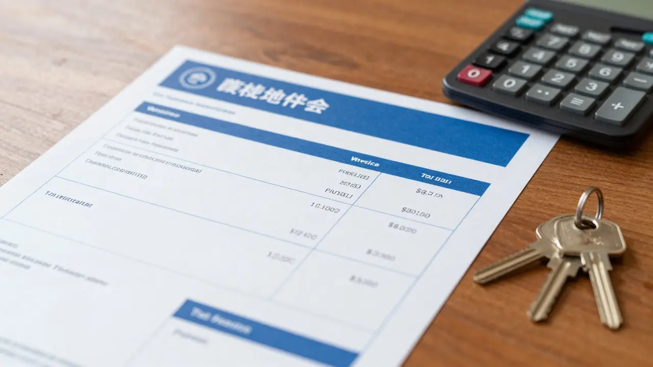 Faktura za provizi realitky, kalkulačka a klíče od bytu na dřevěném stole.