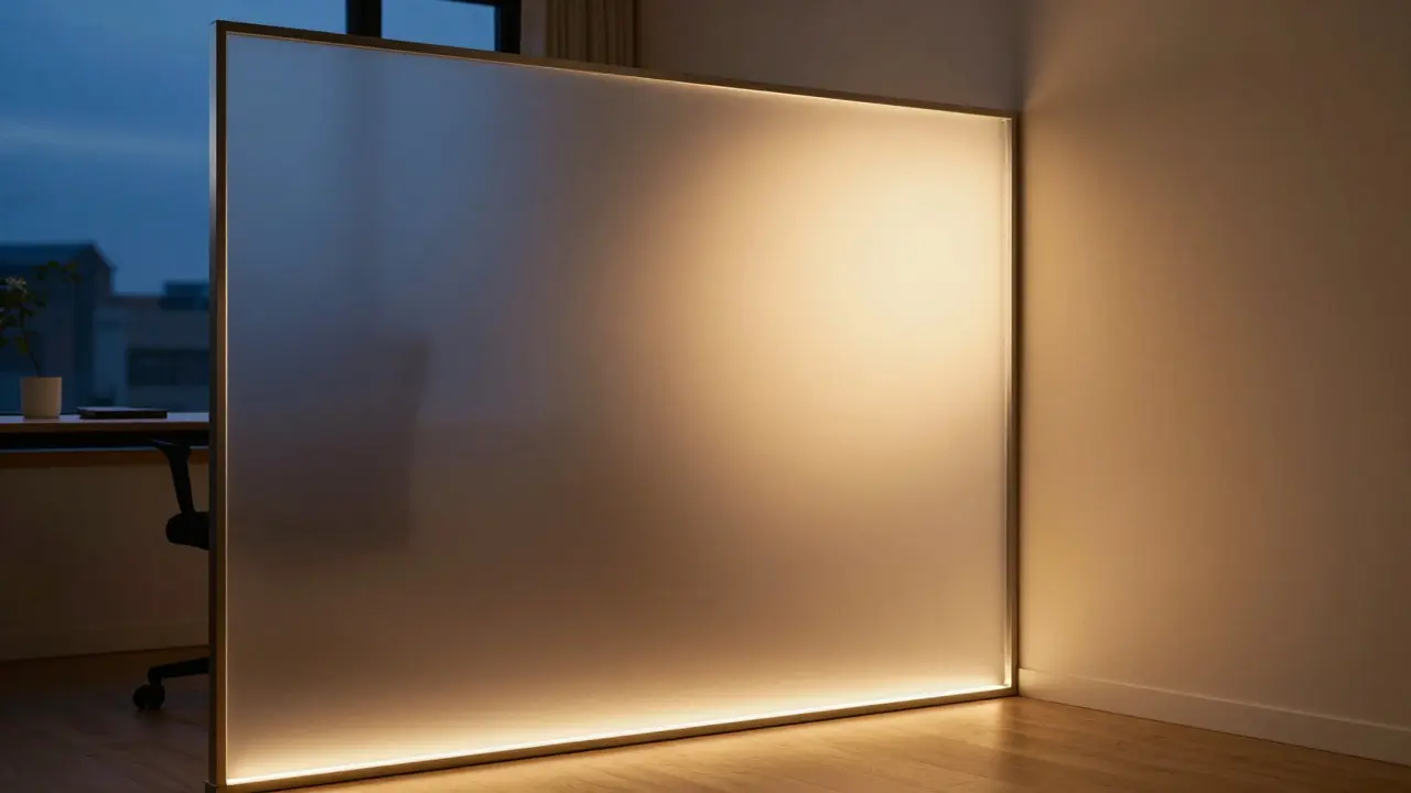 Kancelářský kůt s matnou průsvitnou stěnou a teplým ambientním LED osvětlením.