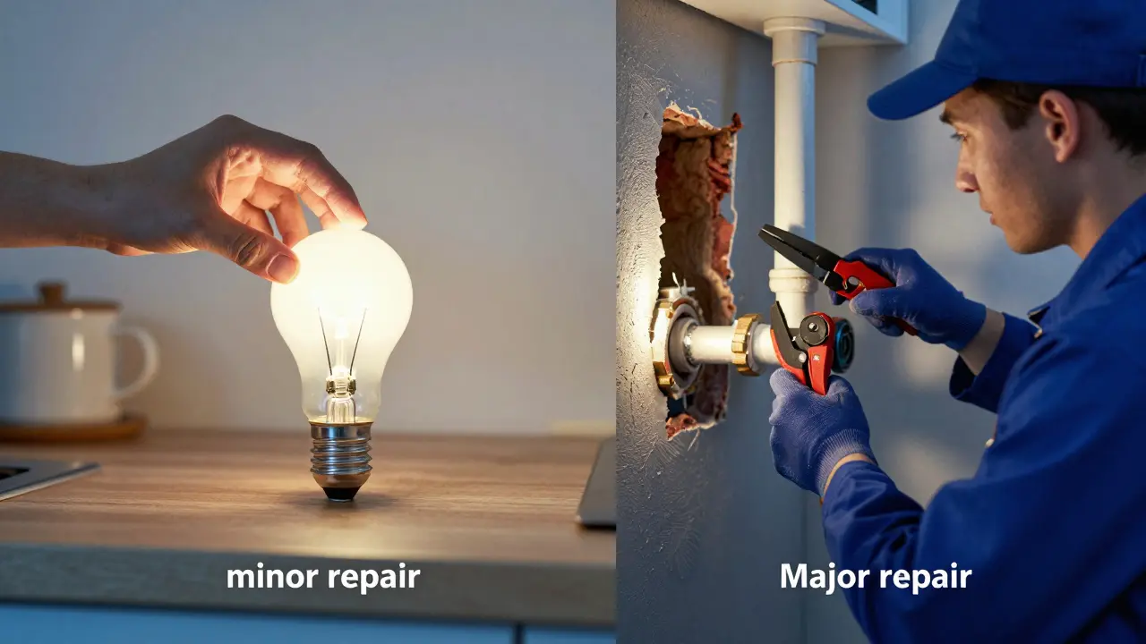Kolaž znázornující rozdíl mezi běžnou údržbou a velkou opravou v bytě.