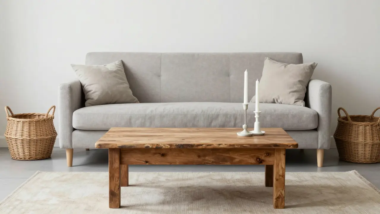 Kombinace moderní pohovky a vintage konferenčního stolku v útulném interiéru.