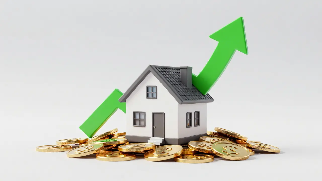 Konceptuální 3D model domku na hromadě zlatých mincí symbolizující úsporu daní.