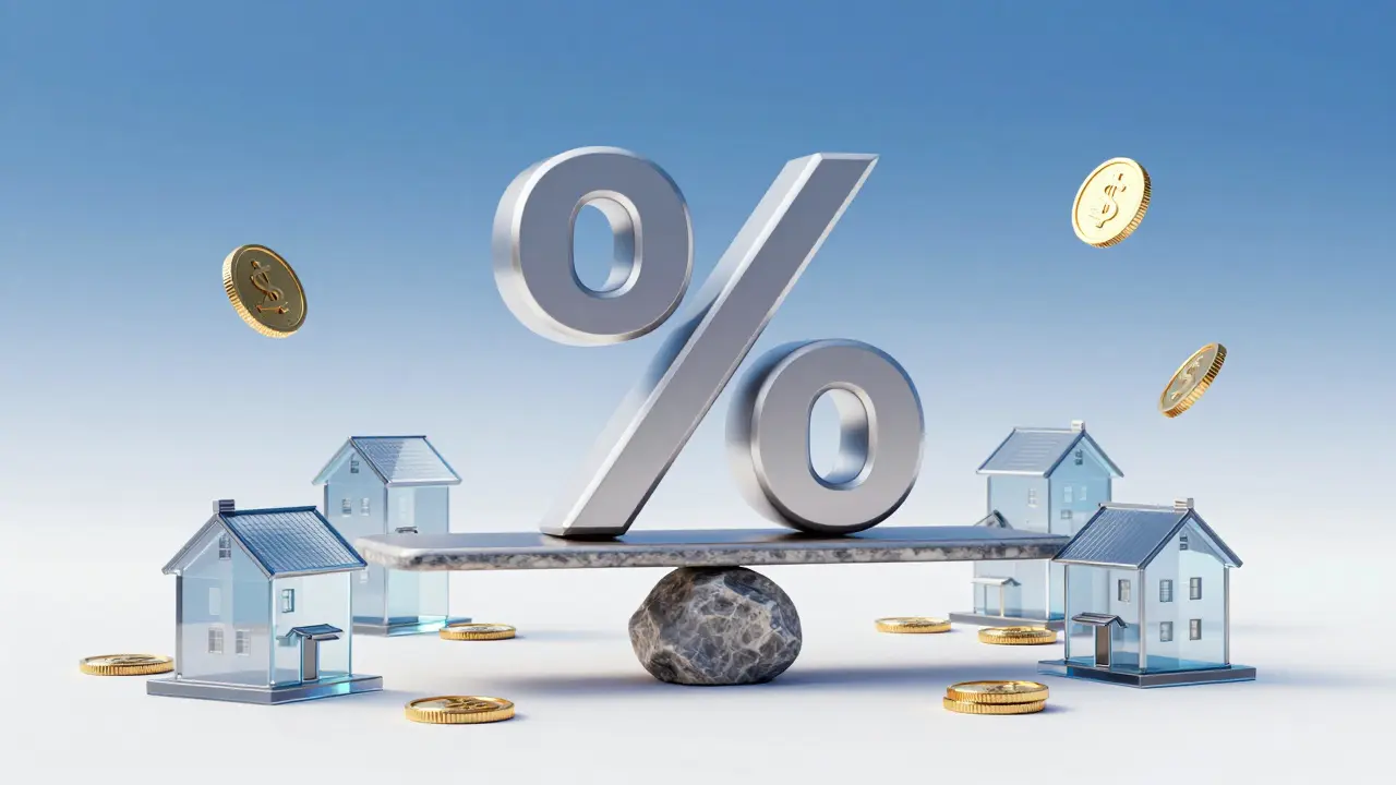 Konceptuální 3D vizualizace symbolu procent a domů představující finanční stabilitu.