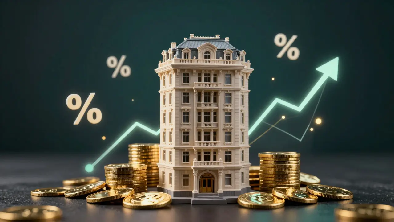 Konceptuální obraz domu na zlatých mincích symbolizující pasivní příjem.