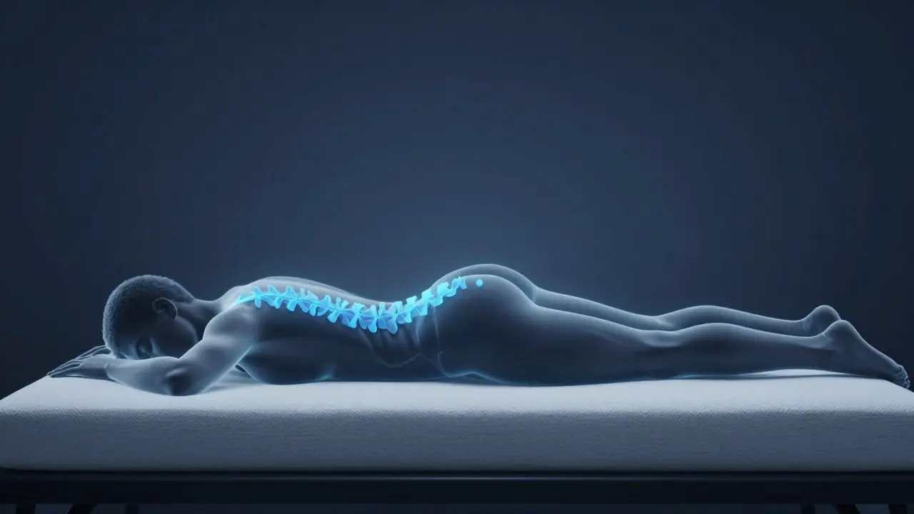 Konceptuální zobrazení správného vodorovného alignmentu páteře při spánku na boku.