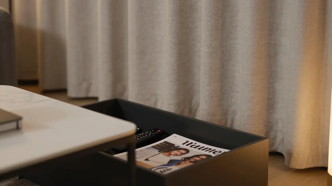 Konferenční stolek s tajnou přihrádkou a dekorativní závěsem maskujícím regály.