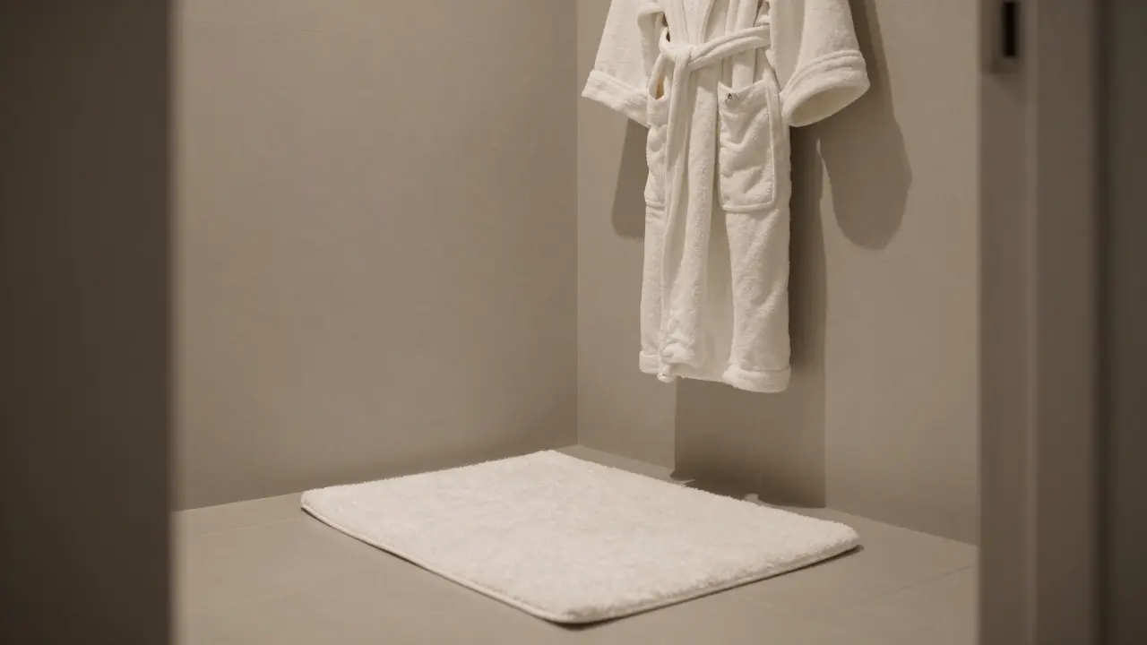 Koupelnová předložka a nadýchaný bílý župan v moderní, útulné koupelně.