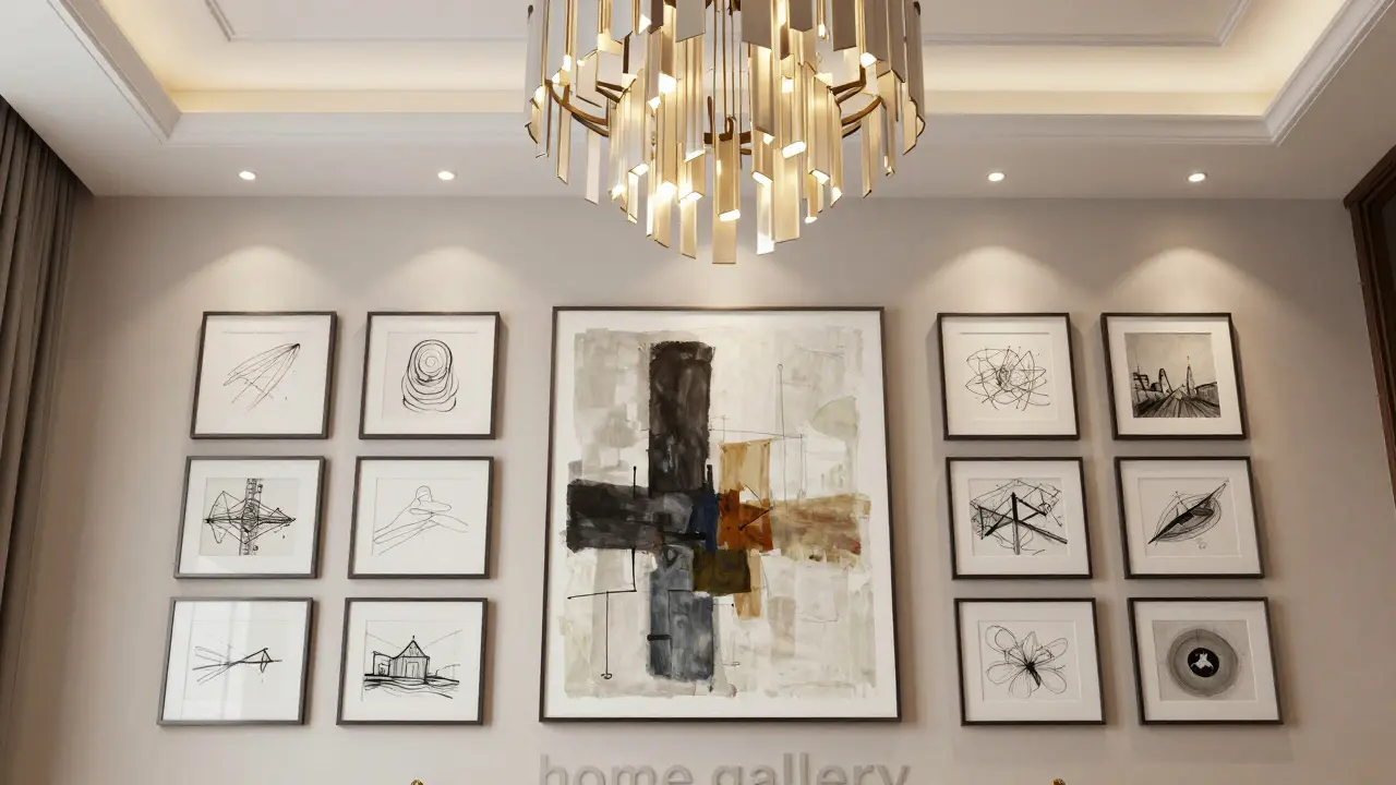 Kznačná domácí galerie s obrazy v různých výškách a designovým lustrem.