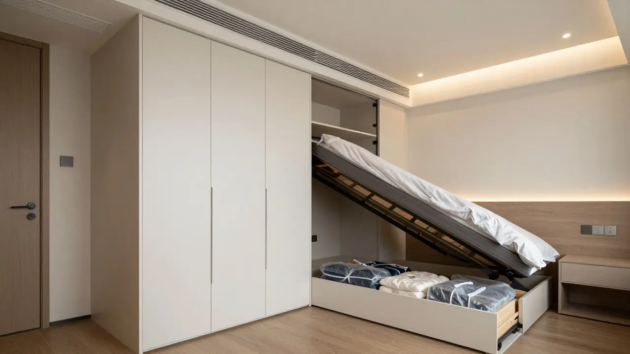 Ložnice s posuvnou skřiní a praktickými úložnými šuplíky pod postelí.