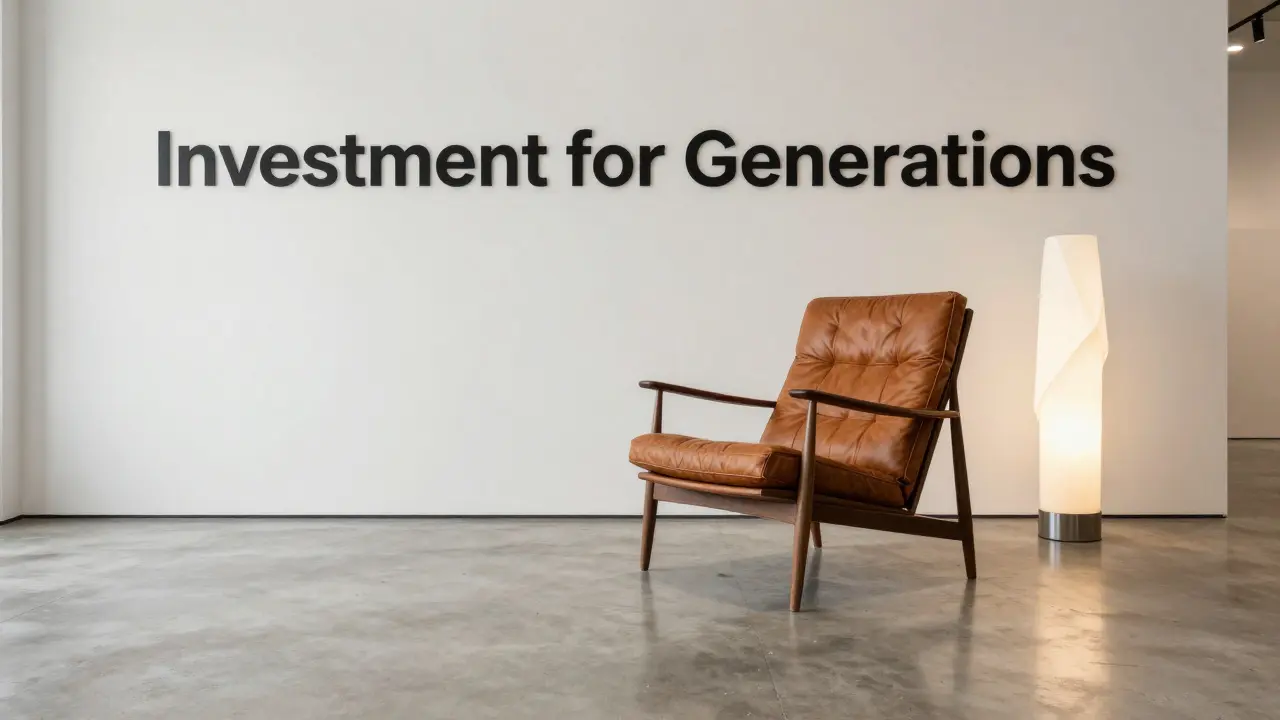 Luxusní designový showroom s ikonickým křeslem v minimalistickém prostoru.