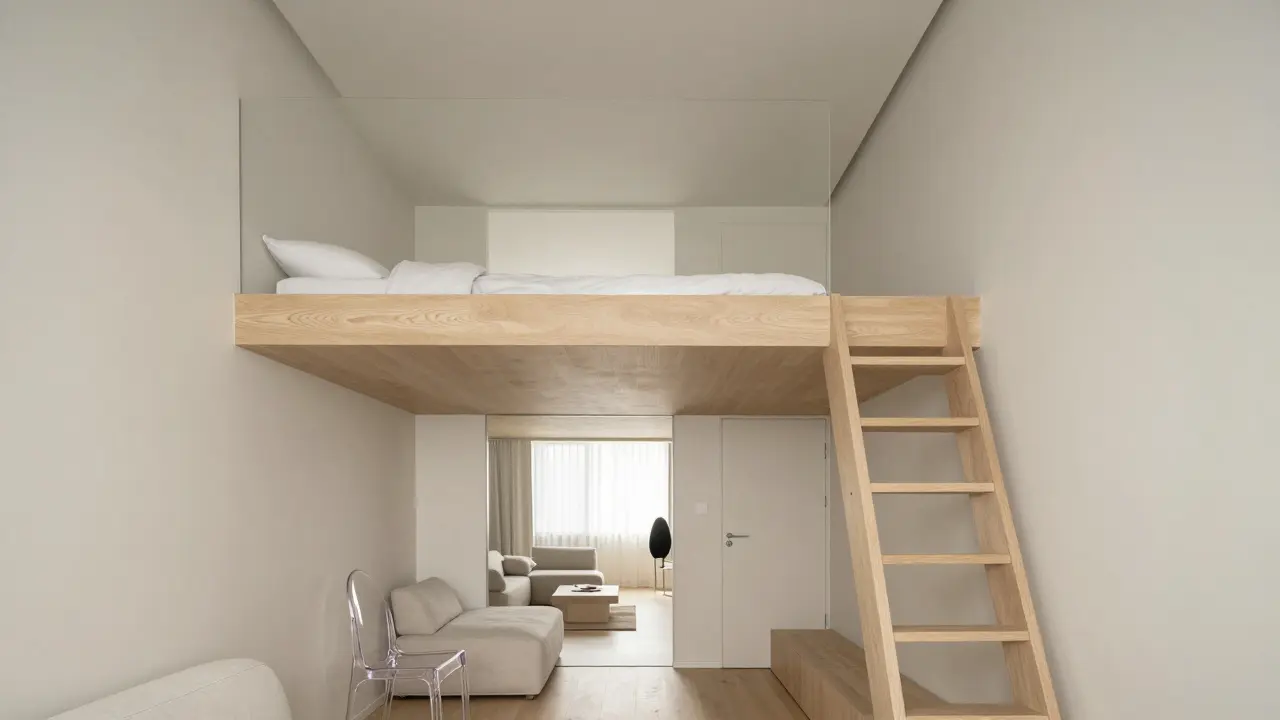 Moderní byt s patrem na spaní a minimalistickým vybavením pro maximalizaci prostoru.