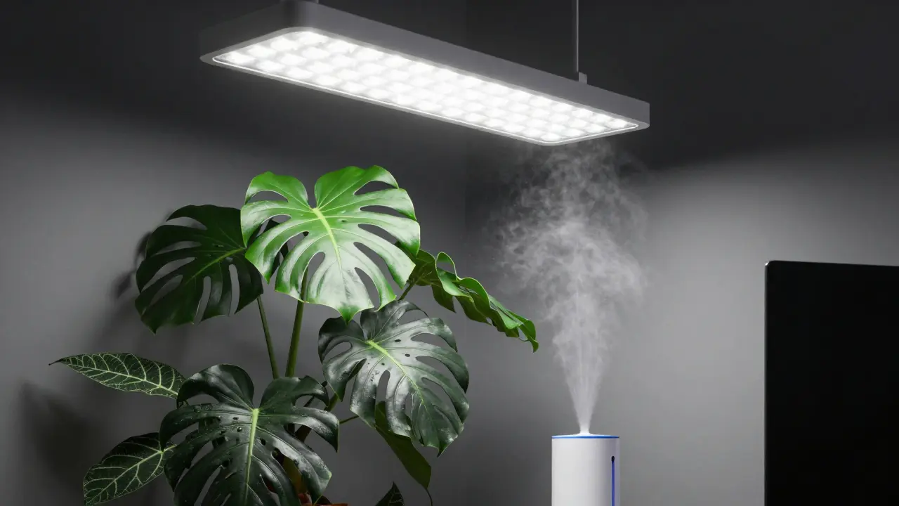 Moderní LED pěstební osvětlení a zvlhčovač vzduchu u pokojových rostlin v tmavém koutě.