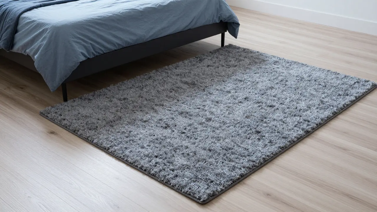 Moderní ložnice s velkým šedým shaggy kobercem pro tlumení hluku.